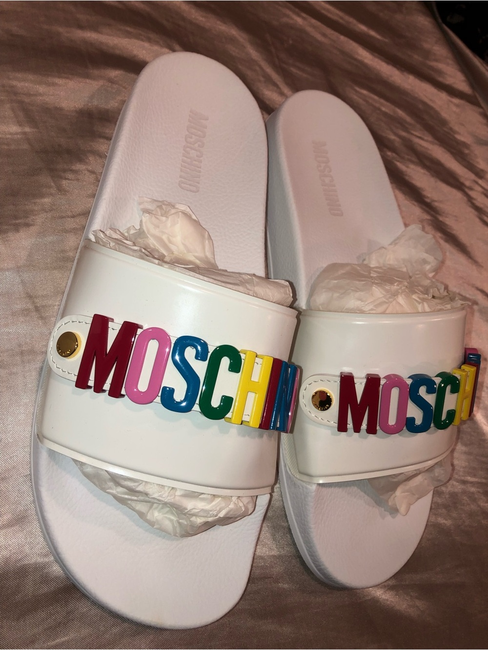 Moschino White Slides with Rainbow Multicolor Logo